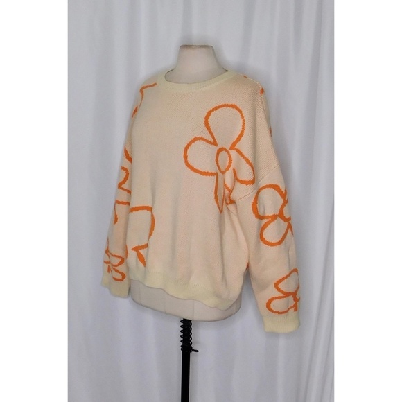 BAILEY ROSE Peach Orange Floral Sweater Pullover Knit Oversized Cropped Large - Picture 5 of 12